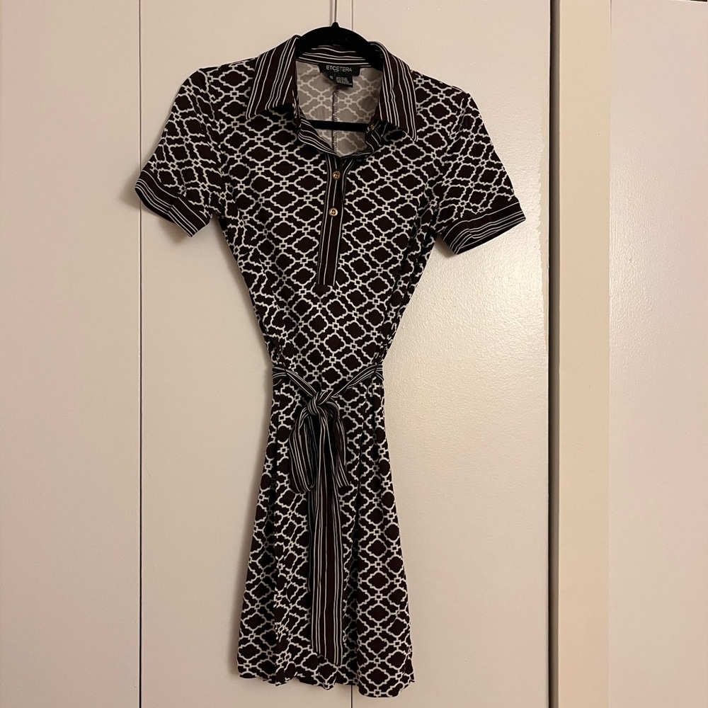 Etcetera Brown/White Geo Print Shirt Sleeve Collared Dress